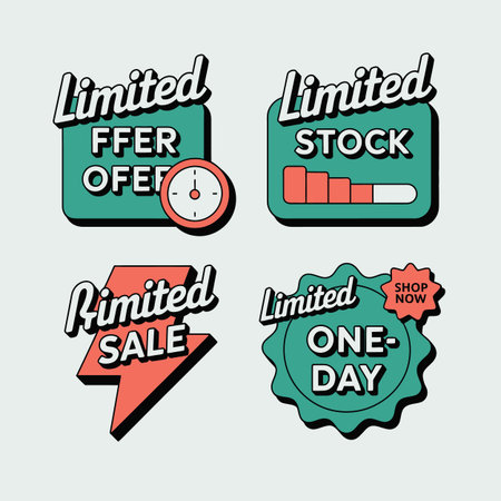 Four distinct badges advertise limited time offers using a retro style teal and coral color scheme Each badge features unique elements like a clock stock bar lightning bolt and text indicating the offer type and urgencyのイラスト素材