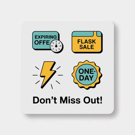 A square graphic features yellow and teal icons depicting an expiring offer, flash sale, and one-day...