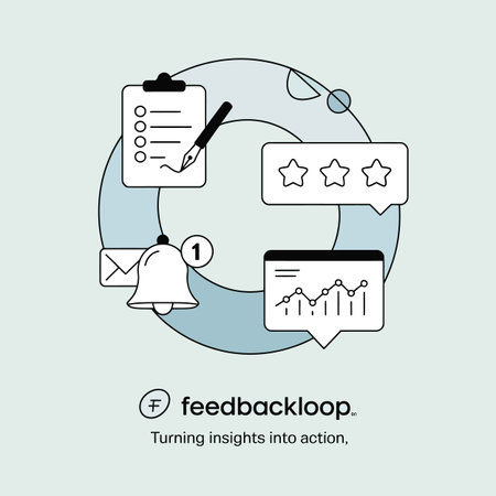 A light blue circular design illustrates a feedback loop process featuring a checklist clipboard pen three stars notification bell email and a graph showcasing data analysis.  The style is simple line art.のイラスト素材