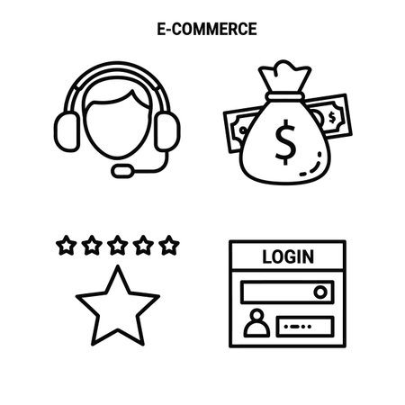 A set of four simple black outline icons on a white background depicting customer support, a money bag, a five-star rating, and a login form.  The style is minimalist and linear.のイラスト素材