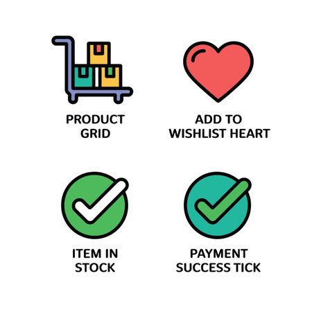 Four flat design icons depict product grid shopping cart boxes add to wishlist heart item in stock checkmark payment success tick in green teal red yellow orange colorsのイラスト素材