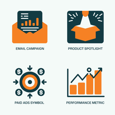 Four simple flat design icons illustrate key marketing concepts: an email with a bar graph represents email campaigns a spotlight on an open box symbolizes product spotlight a central circle with arrows and dollar signs depicts paid ads and a bar graph with an upward trend shows performance metrics The color palette uses orange and dark tealのイラスト素材