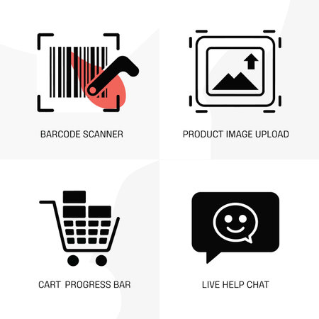 Four simple black icons against a white background with coral red accents depict barcode scanning product image uploading shopping cart progress and live help chat functions.のイラスト素材