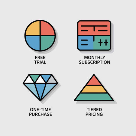 Four flat design icons depict various pricing models: a quartered circle for free trial, a divided square for monthly subscription, a diamond for onetime purchase, and a layered triangle for tiered pricing.  Pastel colors and simple lines are used.のイラスト素材