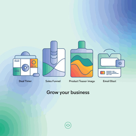Four stylized icons depict Deal Timer Sales Funnel Product Teaser and Email Blast against a soft green background with a subtle watercolor effect The icons are in teal orange and white with a clean line styleのイラスト素材