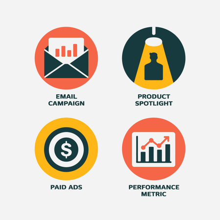 Four flat design circular icons illustrate key marketing strategies Each icon features a distinct color combination of orange yellow and dark teal The icons represent email campaign paid ads product spotlight and performance metricのイラスト素材