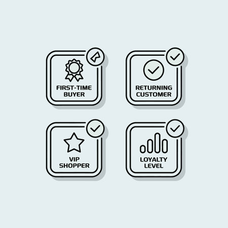Four square black line icons on a light blue background each with a checkmark and text indicating First-Time Buyer Returning Customer VIP Shopper and Loyalty Level.  A medal icon is included for First-Time Buyer and a star for VIP Shopper.のイラスト素材