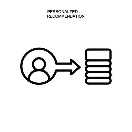 A simple black line art icon depicting a personalized recommendation process.  A user profile is shown with an arrow pointing to a stack of data representing recommendations. The style is minimalist and clean.のイラスト素材