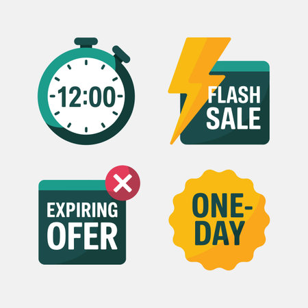 Four flat design sale icons against a light gray background The icons include a teal stopwatch showing 1200 a yellow flash sale icon a teal expiring offer icon and a yellow one day sale icon  The style is simple and minimalistのイラスト素材