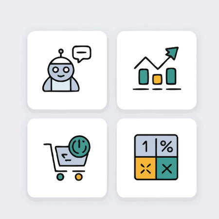 Four square icons feature a light teal and gold color scheme against a white background Each icon depicts a different concept related to business and technology The style is simple and cleanのイラスト素材