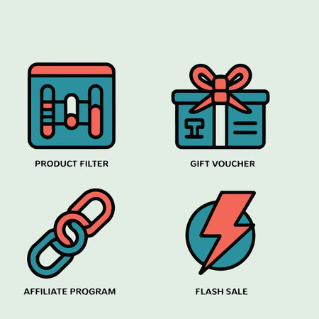Four simple icons in a flat design style are shown against a light gray background Each icon uses a teal and coral color scheme and depicts a different e-commerce conceptのイラスト素材