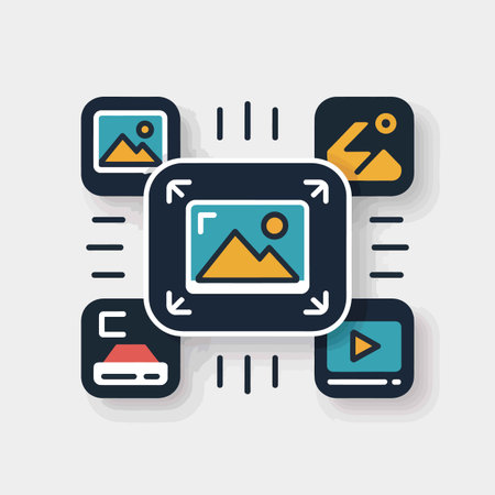 A stylized flat design illustration depicts a teal blue square image editing interface with an orange mountain landscape thumbnail at its center.  Surrounding icons suggest file transfer and content management. The style is simple and clean.のイラスト素材