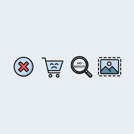 Four simple line icons against a light gray background.  The icons depict a red cross, a sad shopping cart, a magnifying glass with "No Results," and a dashed image frame.  The style is minimalist and flat.のイラスト素材