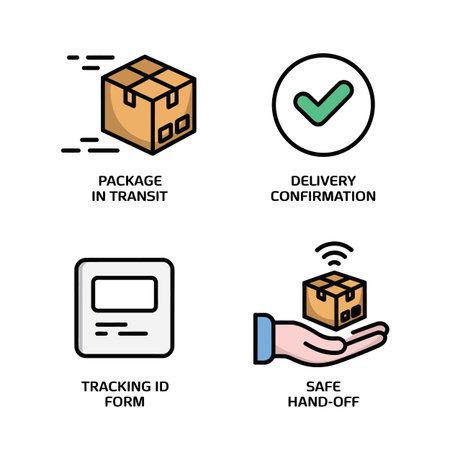 Four flat design icons depict package delivery stages: a moving brown package, a green checkmark, a white tracking form, and a hand receiving a package.  The style is simple and colorful with beige, brown, green, and teal accents.のイラスト素材