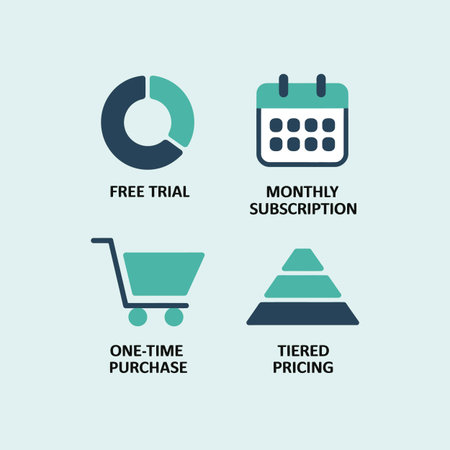 Four simple icons depict pricing options: a pie chart for free trial, a calendar for monthly subscription, a shopping cart for onetime purchase, and a pyramid for tiered pricing.  Teal and dark blue are used against a light blue background.のイラスト素材