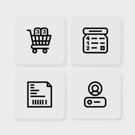 Four white square buttons against a light gray background each featuring a black line icon shopping cart with three items numbered list invoice and user profile with heartのイラスト素材