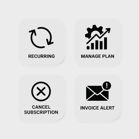 Four square buttons with rounded corners feature black icons and text on a white background.  The icons represent recurring billing, plan management, subscription cancellation and invoice alerts.  The style is simple and minimalist.のイラスト素材
