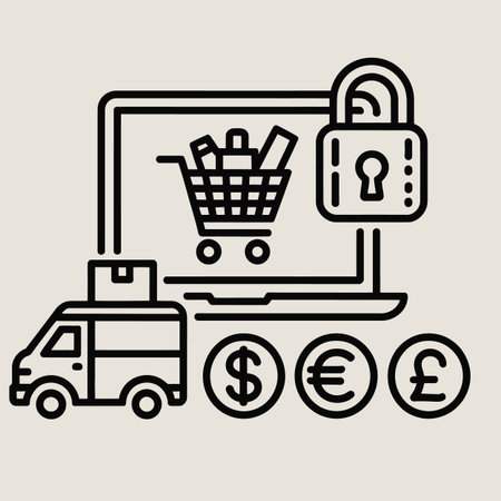 Black line art illustration depicting a laptop screen with a shopping cart, connected to a padlock, a delivery van, and currency symbols representing the dollar, euro, and pound.  The style is simple and clean.のイラスト素材