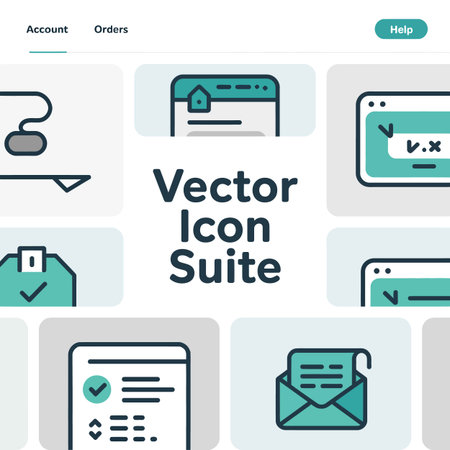 A website mockup displays a collection of teal and dark blue vector icons depicting various checked items such as a document checklist email and website interface elements The icons are presented in a clean grid layout against a light gray backgroundのイラスト素材