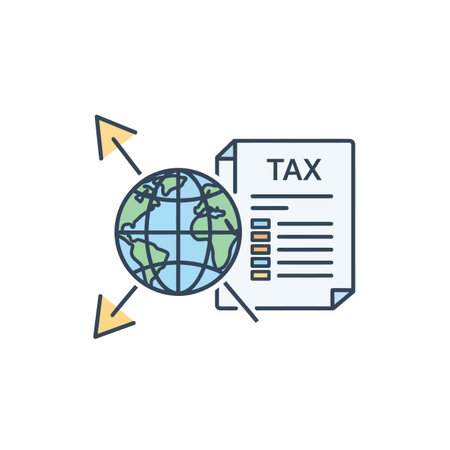 A stylized illustration depicts a blue and green globe connected to a tax form via arrows The form is labeled TAX and features colored data points The style is flat and minimalist with pastel colorsのイラスト素材
