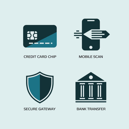 Four teal and dark blue icons depict credit card chip mobile scan secure gateway and bank transfer  The style is simple and flat with a clean minimalist aesthetic.のイラスト素材