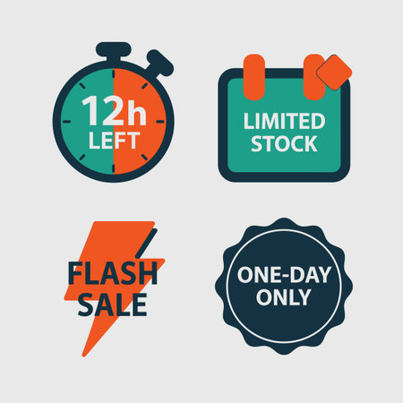 Four flat design icons on a light gray background: a teal and orange stopwatch showing 12 hours left, a teal limited stock sign, an orange flash sale lightning bolt, and a dark teal one day only seal.のイラスト素材