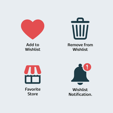 Four simple icons against a light grey background depict actions related to a wishlist: adding an...