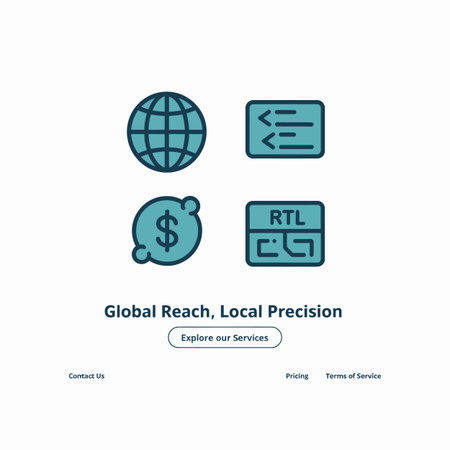 Four teal and dark blue line icons on a white background depict a globe, code, dollar sign, and microchip representing global reach and local precision The words Global Reach Local Precision are below the iconsのイラスト素材