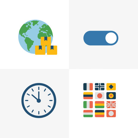 A set of flat design icons depicting global shipping logistics elements including an earth globe with packages a clock a toggle switch and a grid of international flags The color palette is primarily blue green yellow and white The style is simple and minimalistのイラスト素材