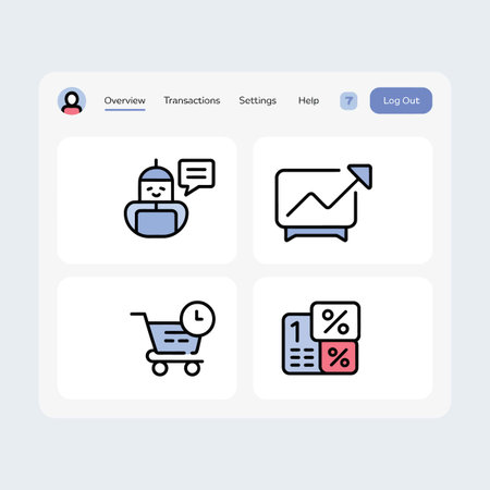 A clean user interface featuring light blue and gray icons against a white background.  The icons represent common functions such as overview, transactions, settings, and help.  A robot icon suggests customer service.のイラスト素材