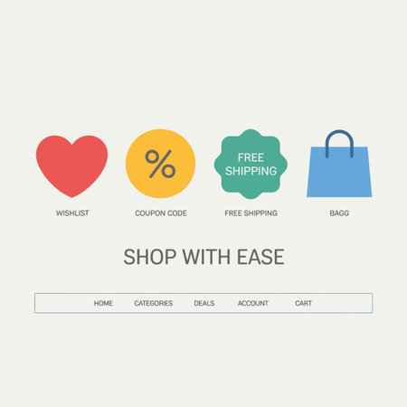 Flat design icons depicting a red heart wishlist symbol, yellow percentage coupon code, teal free shipping badge, and light blue shopping bag against a light gray background.  Simple website interface elements are included below.のイラスト素材