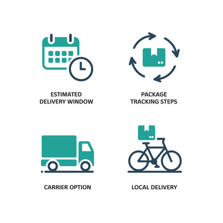 Four teal and dark blue icons depict estimated delivery window package tracking steps carrier option and local delivery using a bicycle and truck  The style is simple and clean.のイラスト素材