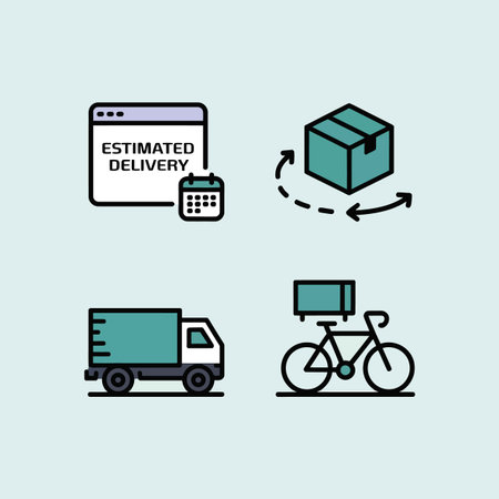 A set of four teal and white icons depicting estimated delivery information a calendar a delivery truck a bicycle carrying a package and a rotating package symbol on a light blue background.  The style is simple and clean.のイラスト素材