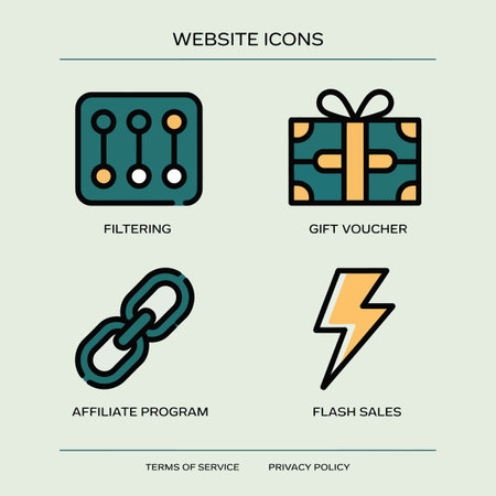 A set of four teal and gold website icons against a pale green background  The icons depict...