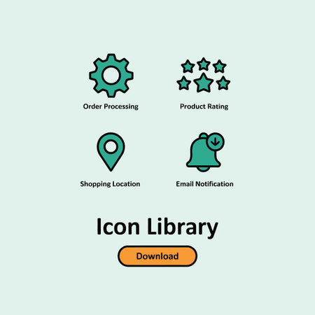 A set of four teal and black icons on a pale green background illustrating order processing product rating shopping location and email notification  The words Icon Library and Download are also presentのイラスト素材