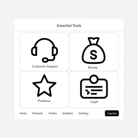 A clean minimalist user interface features four black line icons against a white background Customer support money star and login are clearly labeled  A navigation bar at the bottom provides options for home products orders analytics settings and logoutのイラスト素材