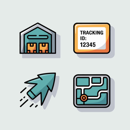 A set of four simple flat icons in teal and orange depicts a warehouse with boxes, a tracking ID label, a map with a location marker, and a fast-moving cursor.  The style is clean and easily scalable.のイラスト素材