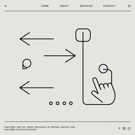 A minimalist line art illustration depicts a hand clicking a computer mouse cursor.  Arrows indicate left and right navigation options. The style is simple, black lines on a light gray background.  Small dots are present below the arrows.のイラスト素材