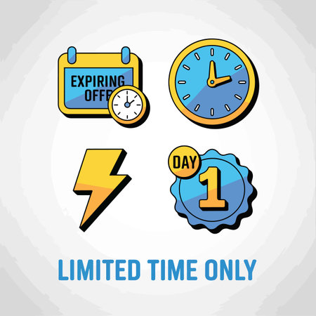 Four flat design icons in yellow and blue depict a calendar with Expiring Offer text a clock a lightning bolt and a badge with Day 1 indicating a limited time offer.のイラスト素材