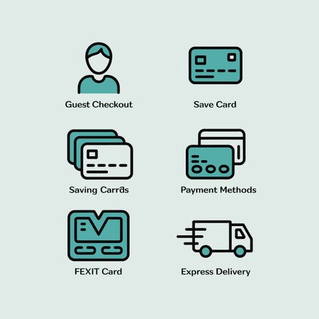 A set of six teal and black line icons depicting various online payment methods including guest checkout saving cards and express delivery options The icons are simple and minimalist with a flat design styleのイラスト素材
