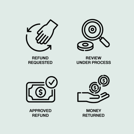 A set of four black and white linear icons depicting the stages of a refund process: refund requested, review under process, approved refund, and money returned.  Each icon features simple line art and minimal design elements against a light grey background.のイラスト素材