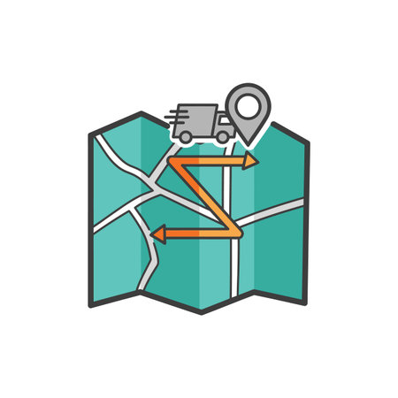 A simple illustration depicts a folded teal map with an orange zigzag route marked by arrows A grey delivery truck icon is shown above the map near a location pin. The style is flat and simple.のイラスト素材