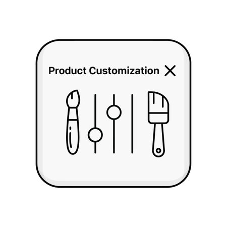 A white square button with a black outline displays a product customization interface featuring two paintbrushes and three vertical sliders. The text Product Customization is visible at the top.  The style is minimalist line art.のイラスト素材