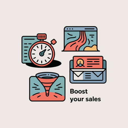 A flat design illustration depicts a sales boost strategy using icons of a stopwatch sales funnel website and email marketing in red coral and teal blue colorsのイラスト素材