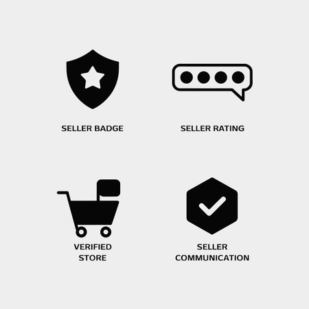 Four monochrome icons against a light grey background depict a seller badge a verified store a seller rating and seller communication Each icon is simple and clearly definedのイラスト素材
