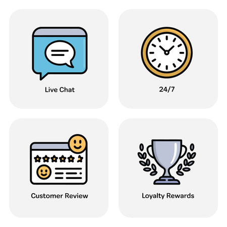 A set of four flat design icons depicting live chat, 24/7 availability, customer review with star rating and smiley faces, and loyalty rewards with a trophy and laurel wreath.  The icons are in a grid layout on a light gray background.のイラスト素材