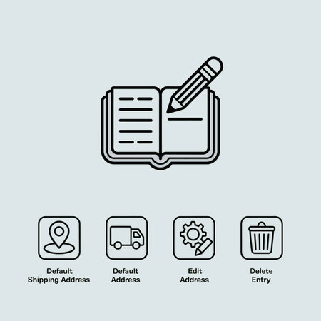 A minimalist black line art graphic depicts an open notebook with a pencil writing on a page.  Below are four additional icons representing default shipping address, default address, edit address, and delete entry. The style is simple and clean.のイラスト素材