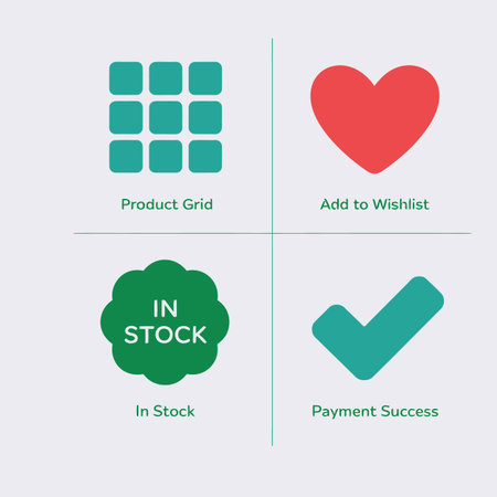 Four flat design icons teal and red colors depict product grid add to wishlist in stock and payment success  Simple shapes and clear labelsのイラスト素材
