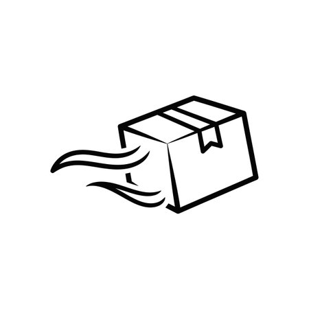 A simple black line art illustration depicts a cube shaped package in motion indicated by stylized lines suggesting speed.  The box features a top flap and a small label. The style is minimalist and clean.のイラスト素材