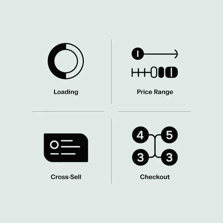 Four simple black glyph icons are arranged in a grid against a light blue background Each icon represents a stage in an online shopping process loading price range cross sell and checkoutのイラスト素材